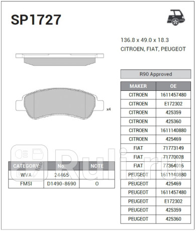 SP1727 - Колодки тормозные дисковые задние (HI-Q) Citroen Jumper 250 (2006-2014) для Citroen Jumper 250 (2006-2014), HI-Q, SP1727