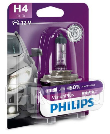 12342 VP B1 - Лампа H4 (60/55W) PHILIPS Vision Plus 3300K +60% яркости для Автомобильные лампы, PHILIPS, 12342 VP B1
