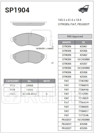 SP1904 - Колодки тормозные дисковые передние (HI-Q) Citroen Jumper 250 (2006-2014) для Citroen Jumper 250 (2006-2014), HI-Q, SP1904